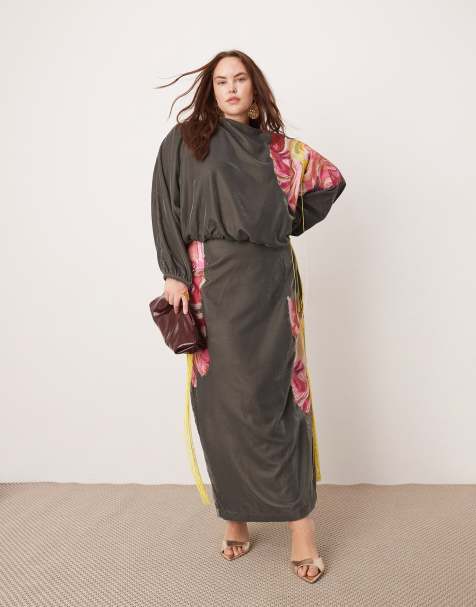 ASOS Edition Curve – Grafitowa aksamitna sukienka maxi z haftowanym wzorem i frędzlami - view 1