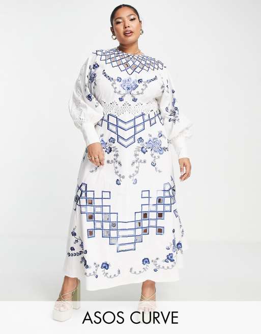 ASOS EDITION Curve – Haftowana sukienka midi z koronkowym wykończeniem i wycięciami