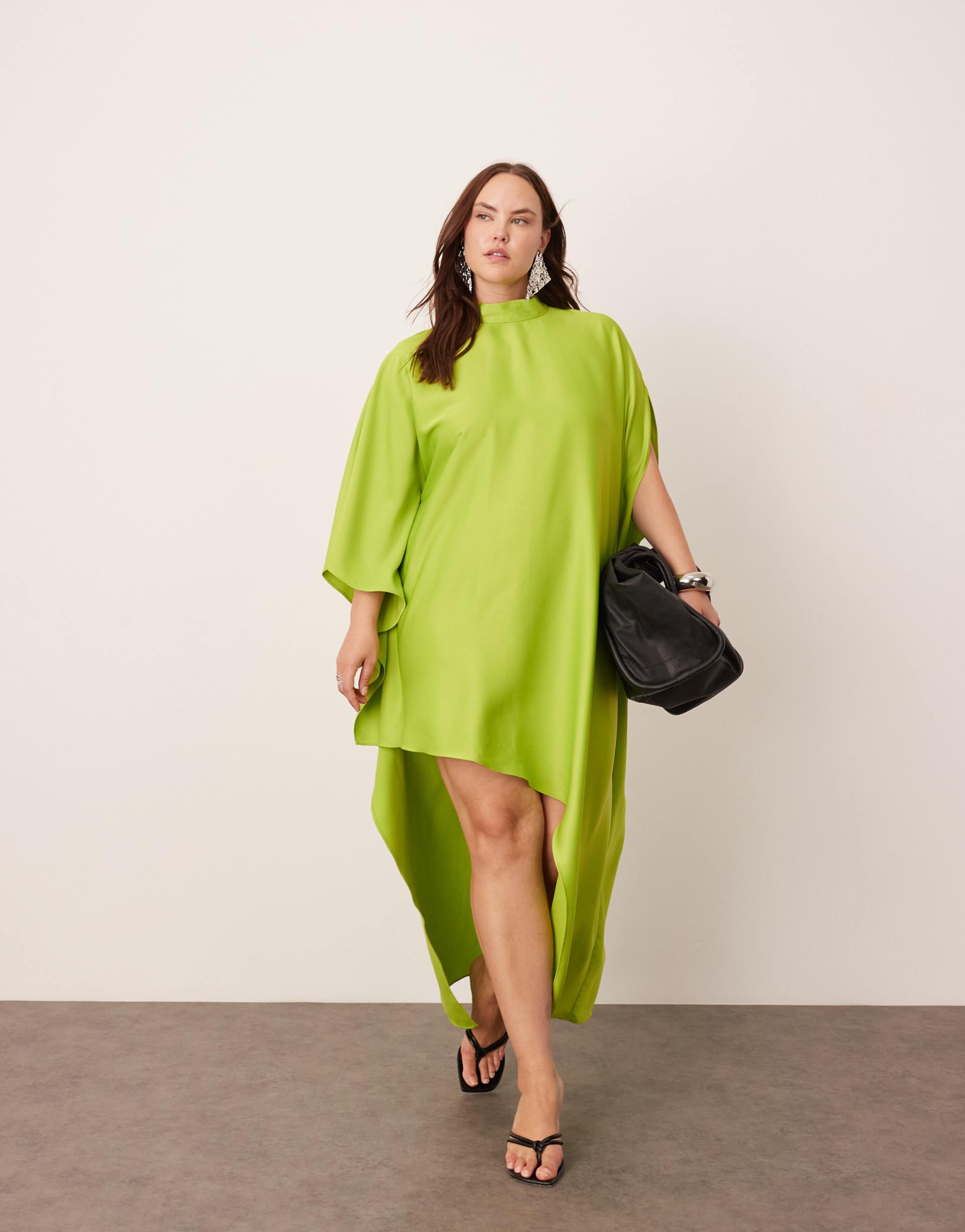 asos edition curve high neck cape sleeve mini dress with asymmetric hem in lime green