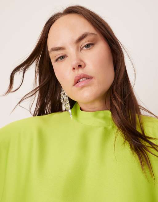 ASOS EDITION Curve high neck cape sleeve mini dress with asymmetric hem in lime green, 2 of 4