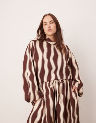 Curve high neck oversized top in chocolate wavy print - part of a set-Multi