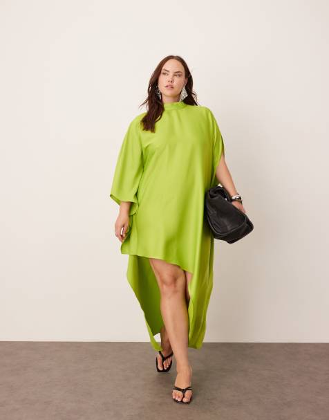 ASOS EDITION Curve – Hochgeschlossenes Minikleid in Limettengrün mit asymmetrischem Saum und Cape-Ärmeln - view 1
