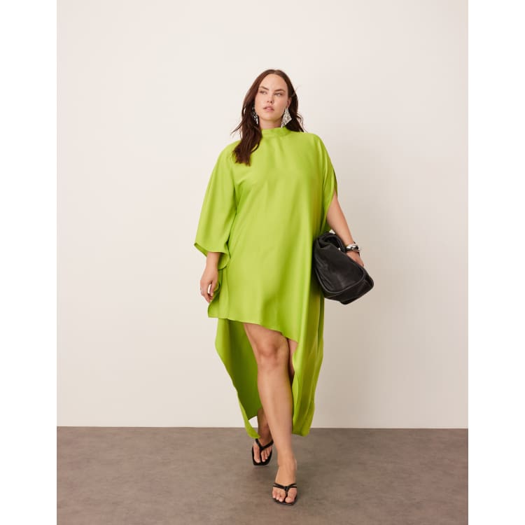 ASOS EDITION Curve Hochgeschlossenes Minikleid in Limettengrun mit asymmetrischem Saum und Cape Armeln