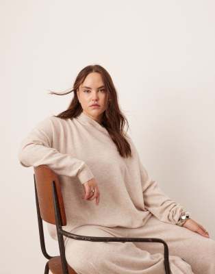 ASOS EDITION Curve - Hochwertiger Strickpullover aus Kaschmir-Mix in Hellbeige mit weitem Schnitt und Kapuze, Kombiteil-...