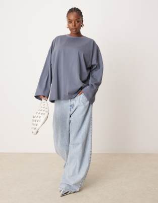 ASOS EDITION Curve - Hochwertiges, langärmliges Oversize-Shirt aus schwerer Baumwolle in Schieferblau