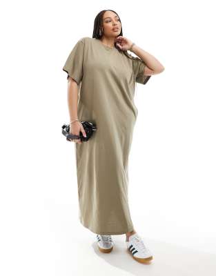 ASOS EDITION Curve - Hochwertiges T-Shirt-Maxikleid in Khaki mit Taschen-Grün