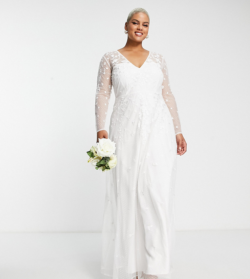 Asos Design Curve Holly Embroidered V Neck Wedding Dress-white