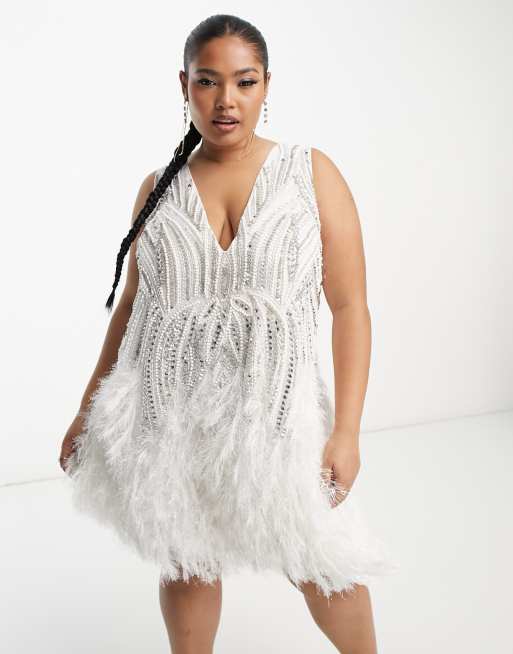 ASOS EDITION Curve - Hvid minikjole med fjerkant og krystal- og perleudsmykning