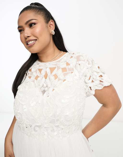 ASOS EDITION Curve Isabelle sequin cutwork bodice maxi wedding dress with cap sleeve in ivory, 2 of 4
