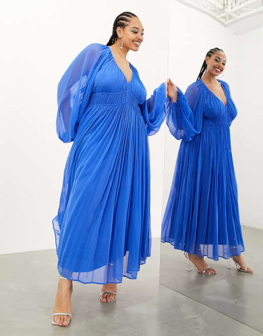 ASOS Edition Curve – Jaskrawoniebieska zebrana w talii i ściągana na sznurek sukienka maxi z marszczonego materiału