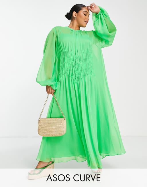 ASOS Edition Curve – Jaskrawozielona sukienka maxi z marszczonym przodem