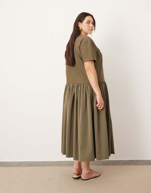ASOS EDITION Curve jersey contrast fabric T-shirt dress with drop waist in olive  green | ASOS