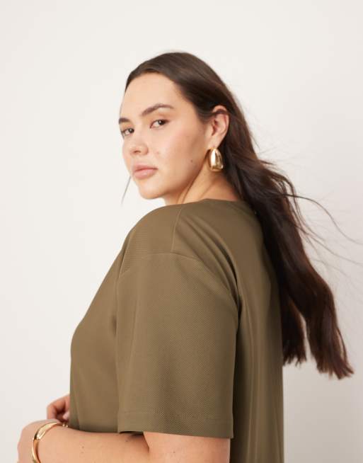 ASOS EDITION Curve jersey contrast fabric tshirt dress with drop waist in olive green , 3 of 4