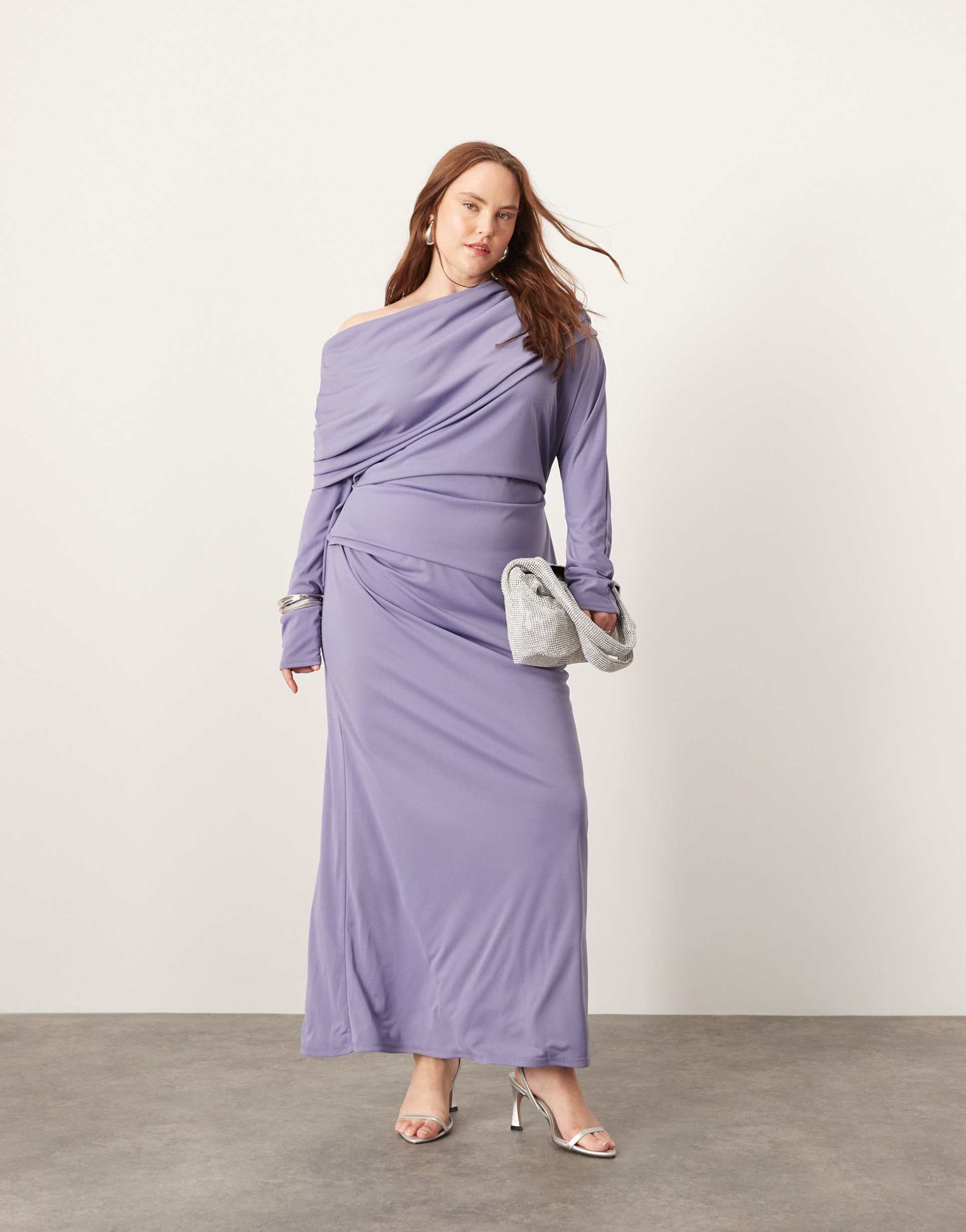 asos edition curve jersey long sleeve slouchy maxi dress with layering detail in blue