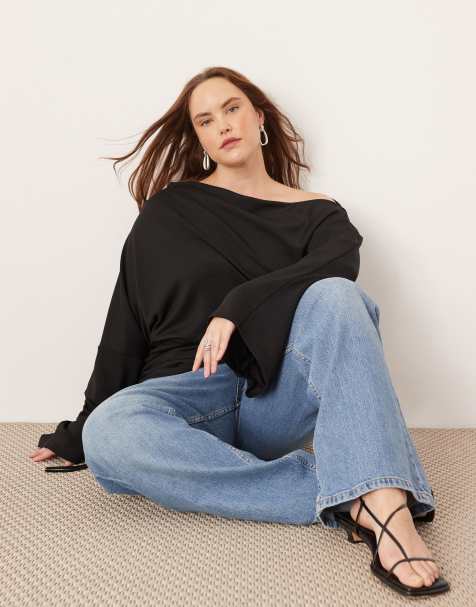 ASOS EDITION Curve jersey off shoulder top with ruched sleeve detail in black - view 1