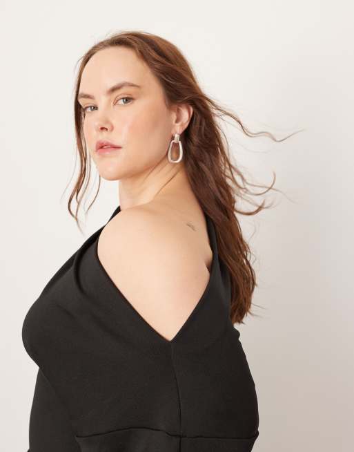 ASOS EDITION Curve jersey off shoulder top with ruched sleeve detail in black, 3 of 4