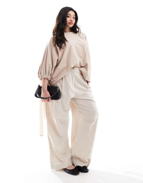 ASOS EDITION Curve jersey oversized slouchy top with contrast tie detail in mocha - view 1