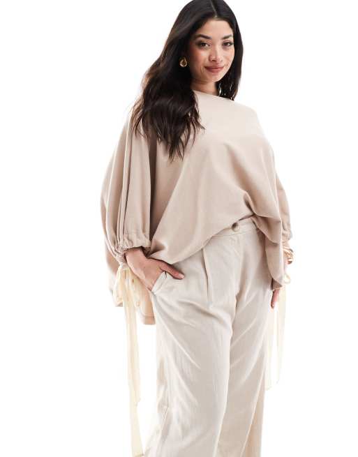 ASOS EDITION Curve jersey oversized slouchy top with contrast tie detail in mocha, 3 of 4