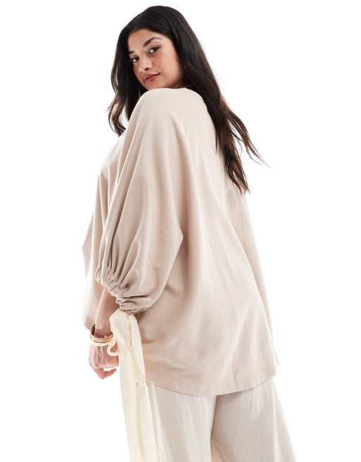 ASOS EDITION Curve jersey oversized slouchy top with contrast tie detail in mocha, 4 of 4