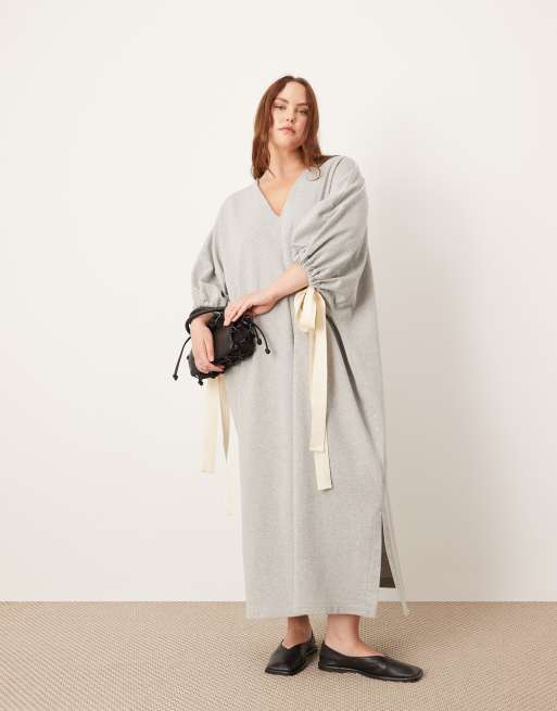 ASOS EDITION Curve jersey v neck oversized jumper dress with contrast tie detail in grey