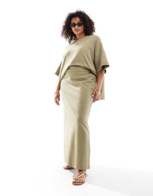 ASOS EDITION Curve - Jupe colonne longue en jersey texturé épais de qualité supérieure - Kaki