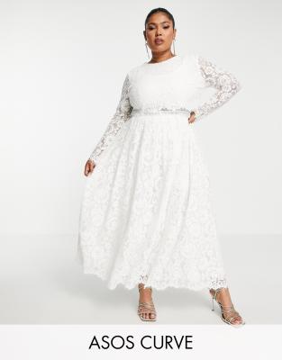 ASOS EDITION Curve u2013 Kate u2013 Spetsmönstrad bröllopsklänning i midi-längd med  kort liv