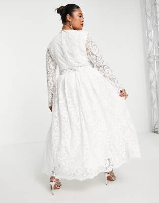 ASOS EDITION Curve u2013 Kate u2013 Spetsmönstrad bröllopsklänning i midi-längd med  kort liv