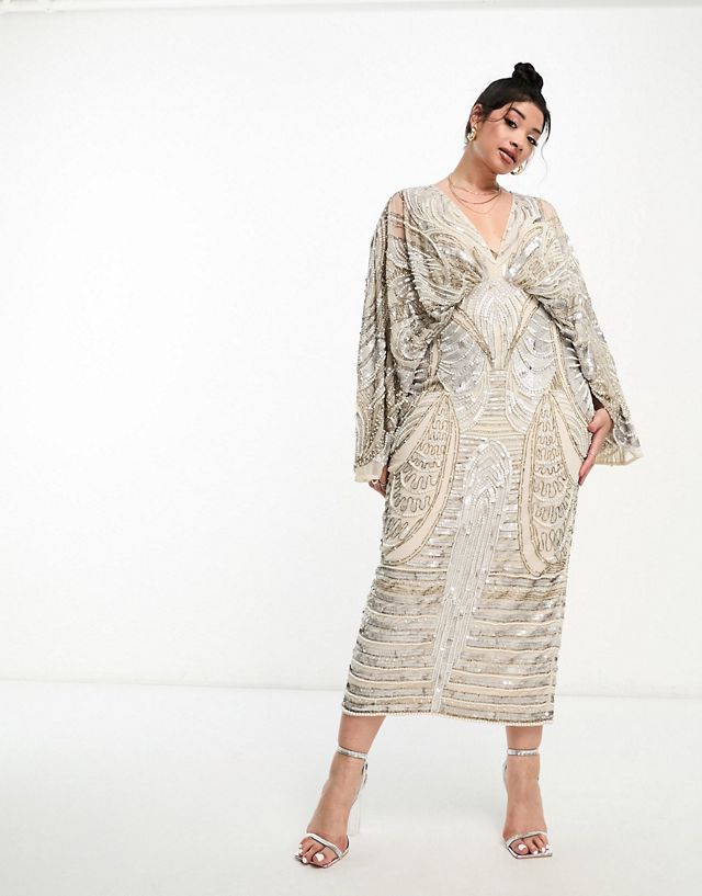 ASOS EDITION Curve kimono sleeve midi dress with sequin & pearl embellishment in pale gray