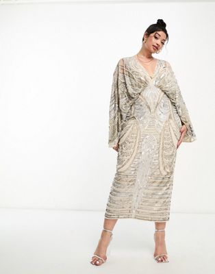 ASOS EDITION Curve kimono sleeve midi dress with sequin & pearl embellishment in pale grey