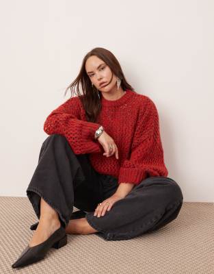 Curve knitted open stitch oversized boxy sweater in red-Multi