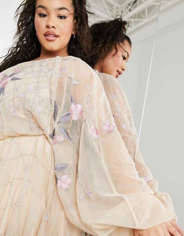  Wybór ASOS EDITION Curve – Kwiecista sukienka z siateczki z balonowymi rękawami Blush
