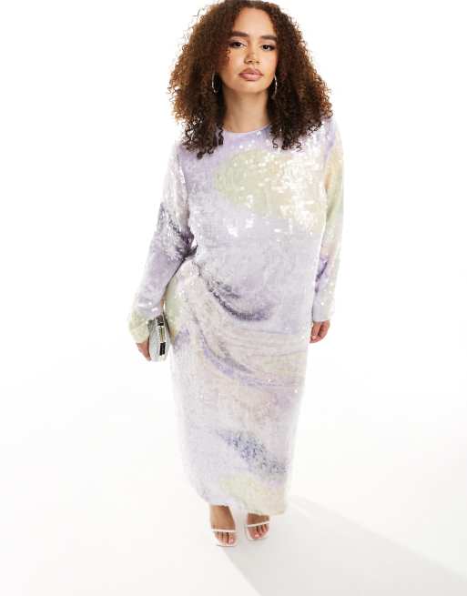 ASOS EDITION Curve - Langærmet maxikjole med gennemgående pailletter og abstrakt pastelprint, 2 af 4