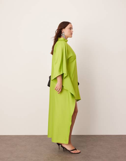 ASOS EDITION Curve - Limegrøn og højhalset minikjole med vingeærmer og asymmetrisk kant, 3 af 4