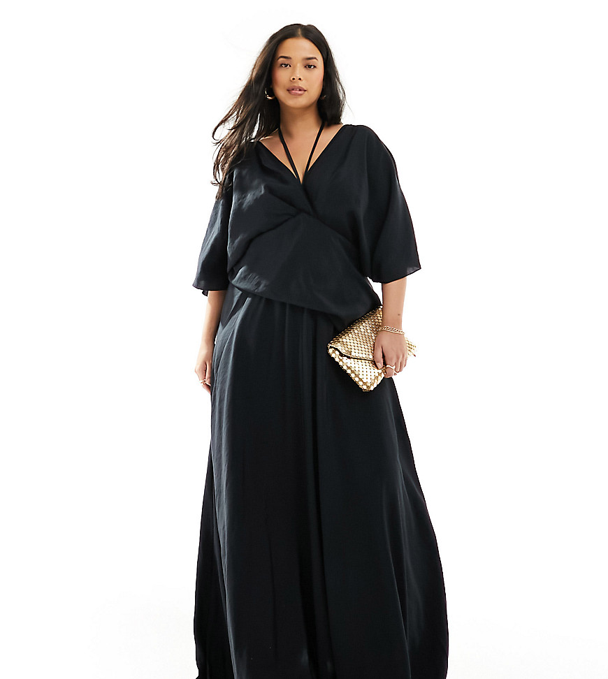 ASOS EDITION Curve linen blend short sleeve v neck tie detail maxi dress in black