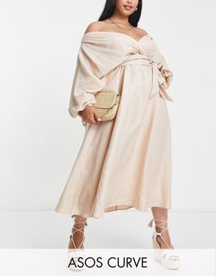 ASOS EDITION Curve linen wrap midi dress with elastic back detail in stone