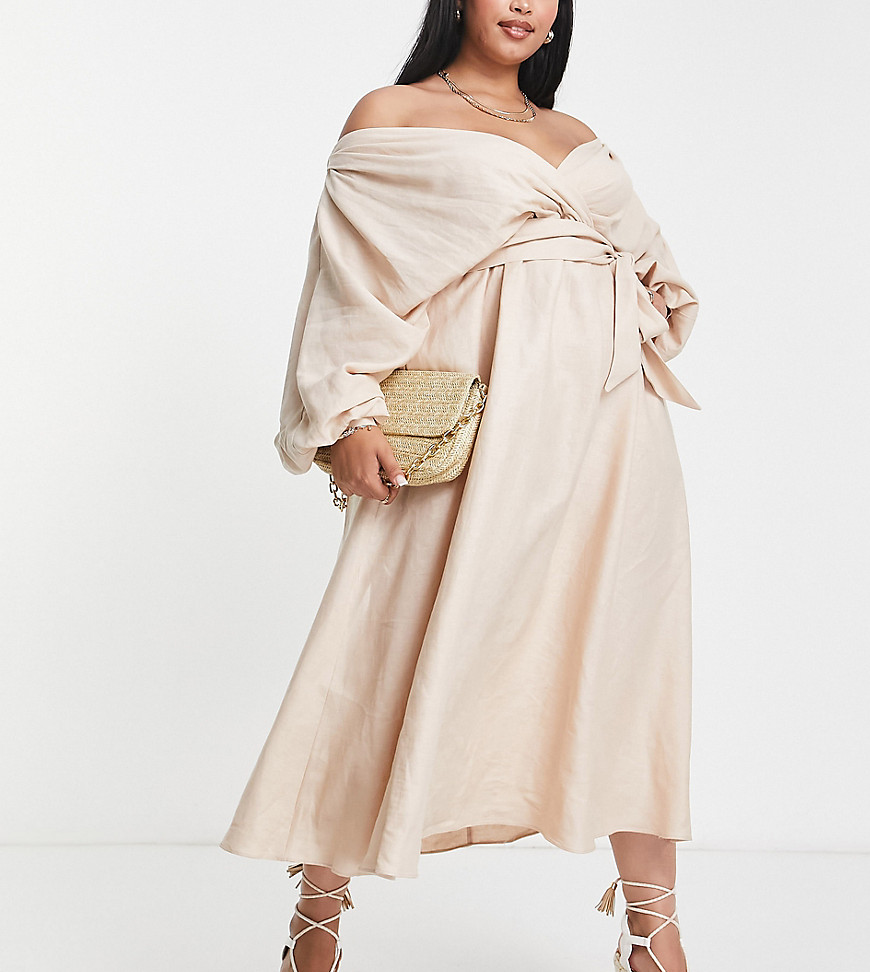ASOS EDITION Curve linen wrap midi dress with elastic back detail in stone-Neutral