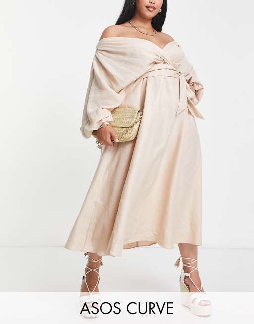 ASOS EDITION Curve – Ljusbeige midiklänning i linne med elastiskt detalj baktill