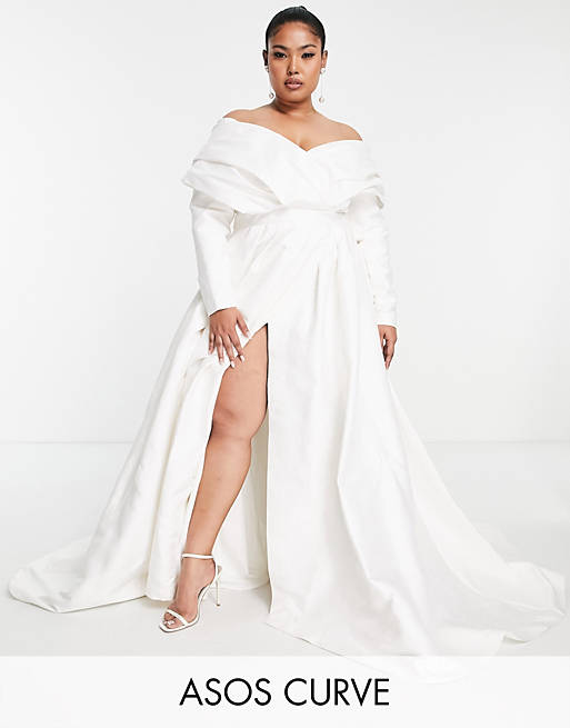 Designer Brands Curve Lola satin structured off shoulder wedding dress with full skirt 
