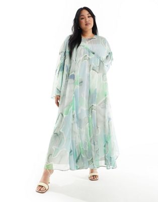 Asos Design Curve Long Sleeve Chiffon Maxi Dress With Gathered Detail In Blue Watercolour-multi