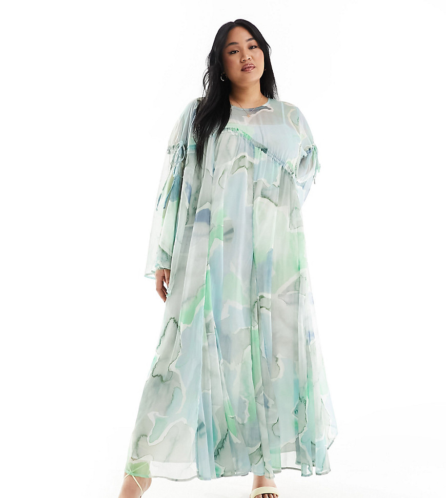 Asos Design Curve Long Sleeve Chiffon Maxi Dress With Gathered Detail In Blue Watercolour-multi In Green