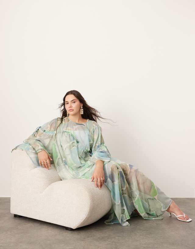 ASOS EDITION - curve long sleeve chiffon maxi dress with gathered detail in blue watercolour