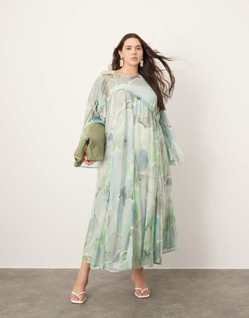 ASOS EDITION Curve long sleeve chiffon maxi dress with gathered detail in blue watercolour ASOS