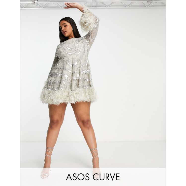 ASOS EDITION Curve long sleeve embellished waisted mini dress with faux  feather trim in silver | ASOS