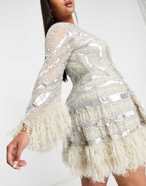 ASOS EDITION Curve long sleeve embellished waisted mini dress with faux feather trim in silver, 3 of 4