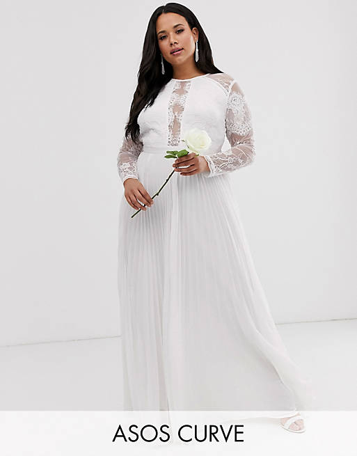 ASOS EDITION Curve long sleeve lace bodice maxi wedding dress with ...