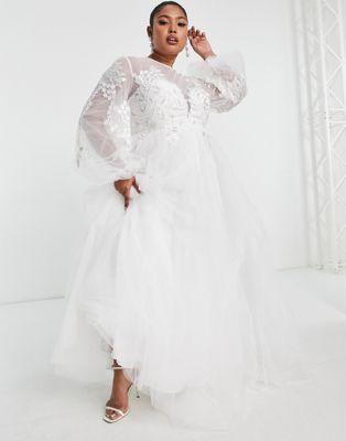 ASOS EDITION Curve Luna embroidered wedding dress with blouson sleeve and mesh skirt ivory