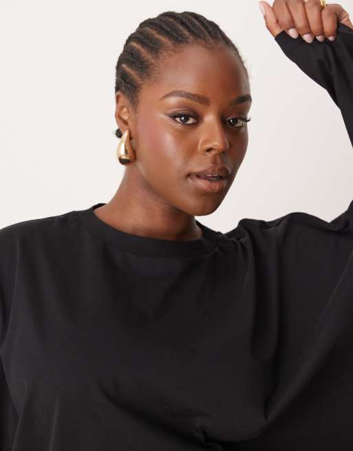 ASOS EDITION Curve - Maglietta oversize premium pesante a maniche lunghe nera in cotone, 2 di 4