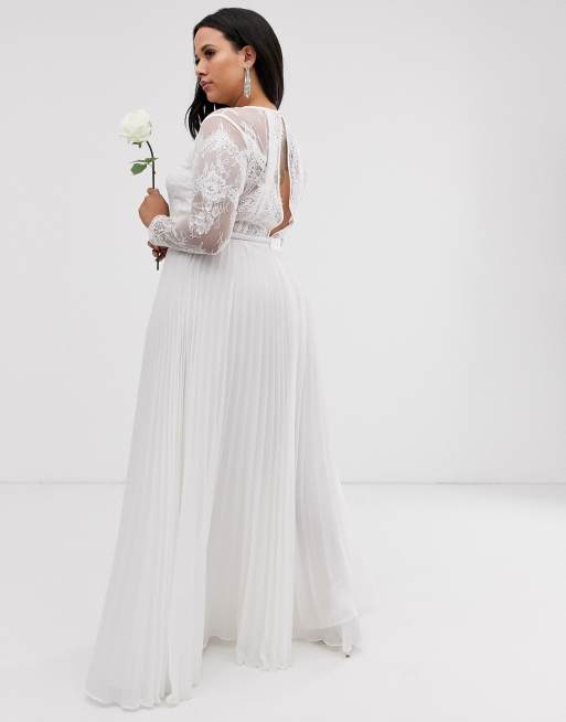 Asos Edition Curve Mariage Robe Longue à Manches Longues Avec Corsage En Dentelle Et Jupe Plissée