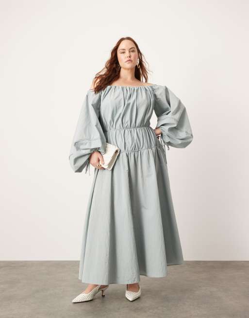 ASOS EDITION Curve - Maxi bardot-jurk met geplooid detail en ballonmouwen in blauw