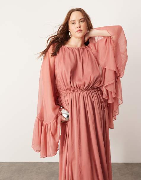 ASOS EDITION Curve - Maxi jurk van chiffon met extreme mouwen en ruches aan de achterkant in oudroze - view 1